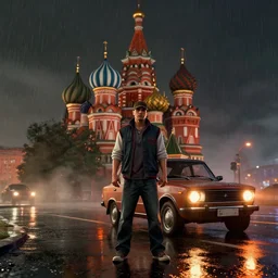 hyperrealistic matte painting of gta game in moscow, 1 9 9 0, playstation 5 screenshot, man, mega details, dark night, orange lights, heavy rain, fog, beautiful rtx reflections, soviet suburbs, photorealistic, unreal engine 5, octane render, volumetric light, featured on cg society, 4 k, 5 0 mm bokeh, russian lada car, artstation
