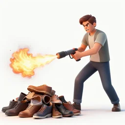 a very angry man aggressively burning a large pile of shoes with a flamethrower