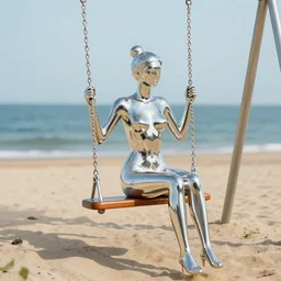 a woman sitting on a swing at the beach, a stock photo by camille souter, trending on pinterest, precisionism, 1 9 9 0 s, shiny, made of liquid metal