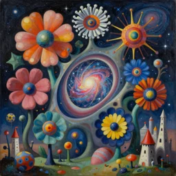 an extremely high quality hd surrealism painting of a beautiful cubism 4d hyperspace soul flowers quantum dimension neural wormhole supercluster galaxy supernova anenome cityscape by Joan miro and Vladimir kush,4k, ultra realistic, super realistic, shadows, depth, surrealistic