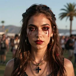 perfectly centered photograph of one beautiful coachella influencer with blood coming out of her eyes detailed ambient lighting hyper realistic