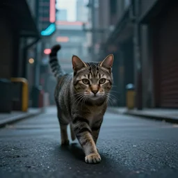 stray cat walking through the alleys of a cyberpunk city, photorealistic render, cinematic, ambient