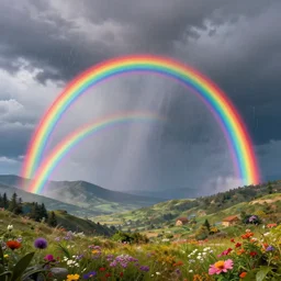 enormously detailed hd concept art of three parallel rainbows at horizon, landscape with mountains and flowers, concept art, 8K detail post-processing