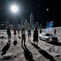 photo of sci-fi citizens and vehicles, on the Moon, long shadows, in a Russian cyberpunk city called Neo Norilsk, pitch black sky with stunning bright stars, bright sun, high contrast, diverse outfits, lively, freaky, black sky full of stars, LEDs, holograms, blinding bright sun, sci-fi, cyberpunk outfits, photorealistic, grainy, 35mm, intricate, very very beautiful, elegant, smooth, cinematic, Unreal Engine 5, by Beeple