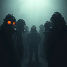 disturbing big budget hollywood movie everyone is wearing gas masks at the marriage of reason and squalor perfect composition fog dramatic lighting chiaroscuro