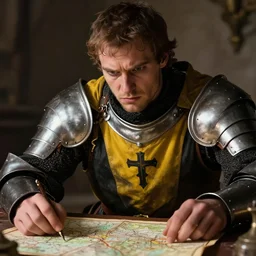 Closeup of frustrated and acerbic male medieval sergeant wearing a {black and yellow tabard} over a steel breastplate and a black gambeson looking at a map on a table, intricate, dramatic lighting illustration by Greg Rutkowski, {perfect face}, {perfect eyes}, fantasy