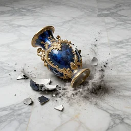An ornate baroque vase breaking on the marble tile floor, exploding into dust, dark-blue light-blue gold silver white black
