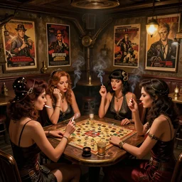 women in the interior of a steampunk pub, Milo Manara, night time, smoking cigarettes, playing board games, highly detailed, Quentin Tarantino movie posters, pulp fiction, level design, concept art, artstation, cgsociety, zenith view