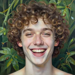 the face of a young man with marble complexion, angelic features, dancing curls around his face, laughing, symmetrical eyes, acrylic by olivia curry and alex grey, background lush vegetation, insects and birds, 8 k uhd