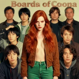 portrait of an attractive tomboy woman with long crimson red hair and red eyes wearing a brown open jacket and green jeans with a stern look, album art, boards of canada, retro, by ross draws, by tomine, by satoshi kon, by rolf armstrong, by peter andrew jones, beksinski