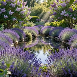 beautiful pond surrounded by lavender and lilac, dappled sunbeams illuminating the scene, stunning photograph from lansdcaping magazine