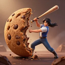 ness from earthbound striking a giant chocolate cookie with a baseball bat, smashing it to bits by ruan jia. artstation, volumetric light, detailed, photorealistic, fantasy, rendered in octane