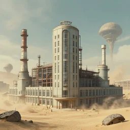 a beautiful detailed rendering of industrial architecture urbex city facility architecture abandoned by wes anderson, extraterrestial sandstorm landscape, archdaily, wallpaper, highly detailed, trending on artstation.