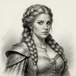 plump female dwarven noblewoman | complex braided hairstyle | hyperdetailed | pencil sketch | donato giancola | waist-up portrait | dungeons and dragons |