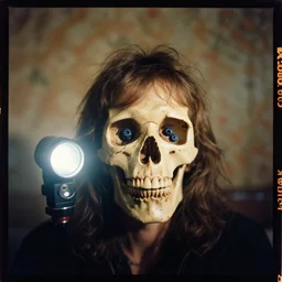 kodak portra 4 0 0, wetplate, flashlight, 8 5 mm carl zeiss, blueberry, award - winning colour portrait by britt marling : a sunlit 1 9 6 0 s rock and roll skull with a thunder, haze, wallpaper, no people