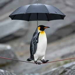 high quality presentation photo of a penguin walking a tightrope holding an umbrella, photography 4k, f1.8 anamorphic, bokeh, 4k, Canon, Nikon