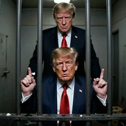 donald trump behind bars in a filthy, obscure and depressing cell, with jeff epstein looming over him