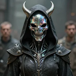 front shot of a ancient futuristic cyberpunk hooded dead biomechanical demon in dichroic glass mask mastermind character, intricate, elegant, highly detailed, centered depth of field. blurred background, (((artstation, concept art, smooth, sharp focus, artgerm, Tomasz Alen Kopera, Peter Mohrbacher, donato giancola, Joseph Christian Leyendecker, WLOP, Boris Vallejo))), mugshot!!!!!, ugly!!!!!!, octane render, nvidia raytracing demo, grainy, muted