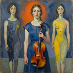 woman standing with violin down painted by vincent lefevre and hernan bas and pat steir and hilma af klint, psychological, photorealistic, symmetrical face, dripping paint, washy brush, rendered in octane, altermodern, masterpiece