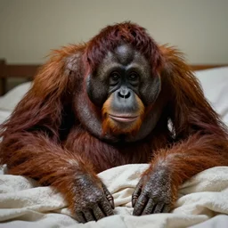 photograph of an orangutan just waking up in a bed full of blankets, 4 k, full hd, highly detailed, close up