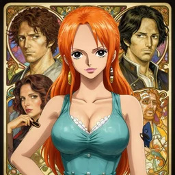 intricately detailed vfx portrait of nami from one piece by eiichiro oda, makoto shinkai, alphonse mucha, art by artgerm and greg rutkowski, best of behance, concept art, matte, sharp focus, orange hair, elegant, adolphe bouguereau, annie leibovitz, stanley kubrick, hdr,