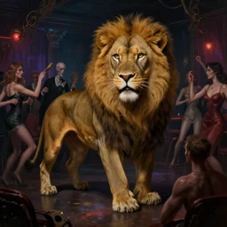 a lion inside a night club, people dancing, hyperdetailed, in the style of artgerm, deviantart, figurative art, deviantart, ilya kuvshinov, lovecraftian