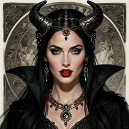portrait of megan fox as a vampire queen, jewelry, greek, black, intricate, headshot, highly detailed, digital painting, artstation, concept art, sharp focus, cinematic lighting, illustration, art by artgerm and greg rutkowski, alphonse mucha, cgsociety