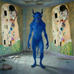 a blue demon in an haunted liminal abandoned room, film still by edward hopper, by Pontormo, by klimt, pre-raphaelite. art noveau, art noveau, highly detailed, strong lights, liminal, eerie, Bright pastel colors