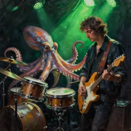 a beautiful painting by mead schaeffer of an octopus playing drums and telecaster guitar in a rock concert, dark background, green concert light, dark mood