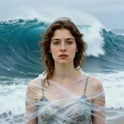 a closeup portrait of a woman wearing wrapped in plastic, standing in front of a giant tsunami wave, color photograph, by james abbott mcneill whistler, canon eos c 3 0 0, ƒ 1. 8, 3 5 mm, 8 k, medium - format print