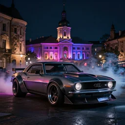 widebody audi camaro b 1 ( 1 9 6 9 ), need for speed : carbon, at night, neon lines, lviv historic centre, phonk music background, smoke behind wheels, noise, dark, establishing shot, by simon stalenhag