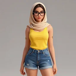 young hyderabadi muslim woman wearing denim short shorts cateye glasses and yellow tank top, highly detailed, artgerm style, artstation, soft light, sharp focus, illustration, character design, concept art