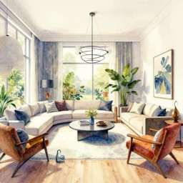 a hiper intricate watercolor of a beatiful modern indoor living room, extremely detailed, sharp focus, wide view, detailed rought paper, digital illustration, colorfull, by william turner art, by greg rutowski, by carl larson, by edmund dulac