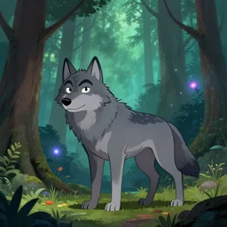 a cartoonish anthropomorphic grey wolf is lurking in a mystical forest full of wonders, pine trees, magical atmosphere, trending on artstation, 3 0 mm, by noah bradley trending on artstation, deviantart, high detail, stylized portrait