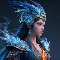 3 d warrior goddess close - up profile portrait. beautiful hyperrealistic intricate highly detailed chuu!! magpie helm and richly embroidered blouse, quetzalcoatl, bioluminescent, smolder, plasma, lava, ice, feather, windy, artwork by tooth wu and wlop and annie leibovitz, octane 3 d render