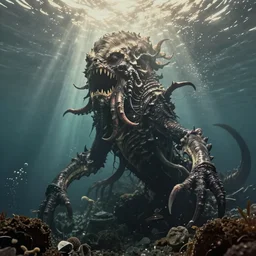 vintage photograph of a terrifying lovecraftian sea creature from underwater, scary, monster