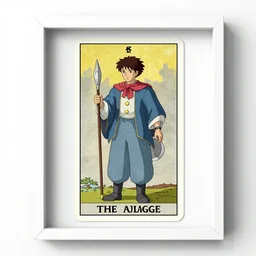the magician tarot card as drawn by studio ghibli, whole card, white frame