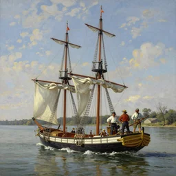 a portrait matte painting of american legent mike fink sailing a keelboat down the mississippi river, in the style of george philip reinagle, greg rutkowski, jan van de cappelle, digital painting, photorealistic, ornately detailed, unreal engine, extremely detailed masterpiece, illustration, trending on artstation