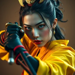 photorealistic portrait of a beautiful, female samurai warrior, holding sword in right hand, fighting body position, goth punk, vibrant yellow, red, blue, colors, surreal, a french baroque by by alexander mcqueen, octane render, hyper detailed, cinematic lighting