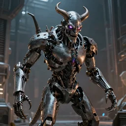 film still of a mechanical demon in a marvel movie, science fiction industrial hard science, 8 k, render octane