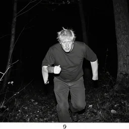 up close black and white trail camera footage of boris johnson running through a forest at night, dark, 8 k photography