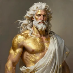 painted portrait of ruggedly handsome zeus wearing streaks of gold paint, greek god by artgerm greg rutkowski rossdraws flowing white hair muscular physique masculine manly mature robe fantasy intricate elegant detailed digital painting concept art artstation sharp focus illustration gold paint