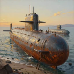 nc wyeth painting, ultra wide, vanishing point, 3 d perspective, beached submarine, incredible, award winning, up close, climbing, beaching, rust, sadness, golden hour, shinjuku junk town