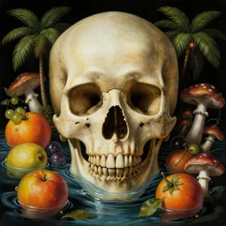 a close - up portrait of a skull surrounded by water, colorful fruit, palms and mushrooms. surrealism. black background. highly detailed science - fiction fantasy painting by norman rockwell, moebius, frank frazetta, syd mead, and stanislaw fernandes. rich colors, high contrast. renaissance masterpiece. artstation