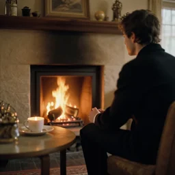 man in a waistcoat sitting with a log fire opposite him at a table romantic soft focus nikon