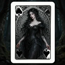 playing card of elegant gothic woman, dark and ethereal, expressive pose, peaceful expression, dark gothic dress, fantasy, intricate, dark forest background, highly detailed, digital painting, artstation, concept art, smooth, sharp focus, illustration, art by artgerm and greg rutkowski and alphonse mucha