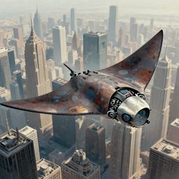 robotic manta ray flying over the metropolis, concept art, trending on artstation, wlop, ross draws, digital painting, mixed media, intricate details,