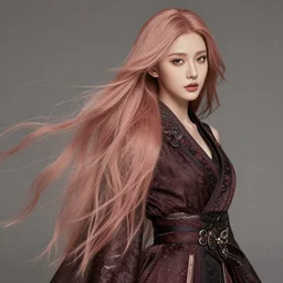 a beautiful woman with long flowing rose gold hair, detailed clothing, dark aesthetic, realistic setting