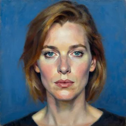 portrait, annie lennox, impasto,  Jean-Leon Gerome, chuck close:7, carl spitzweg:7, cinematic light, full face, symmetrical face, blue background