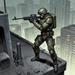 comic book illustration, an android soldier sniper takes aim from the rooftop of a very high building, cyberpunk concept art by Moebius, highly detailed, intricate, sci-fi, sharp focus, Trending on Artstation HQ, deviantart